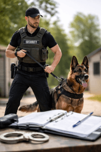 Kutyavezető vagyonőr munkakutyával Magyarországon, a szakképesítéshez és jogszerű munkavégzéshez kapcsolódó környezetben