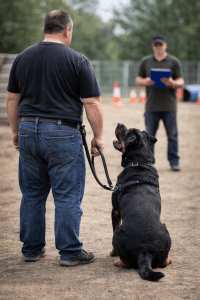 Kutyavezető képzésen részt vevő vagyonőr rottweiler munkakutyával, engedelmességi feladat gyakorlása során