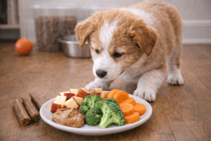 Kölyökkutya egészséges falatokkal