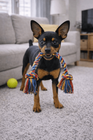 Törpe pinscher fajtájú kölyökkutya lakáskutya játék közben