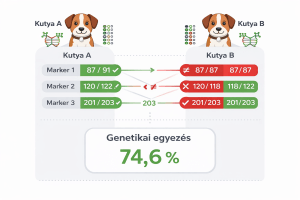 DNS marker alapú genetikai egyezés kalkulátor kutyák számára, amely két azonos fajtájú kutya alléleinek összehasonlításával százalékos genetikai egyezést mutat