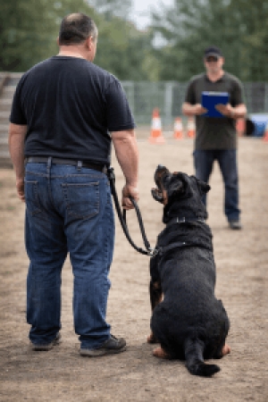 Kutyavezető képzés gyakorlati része: vagyonőr és rottweiler munkakutya engedelmességi feladat végrehajtása kiképzési környezetben.